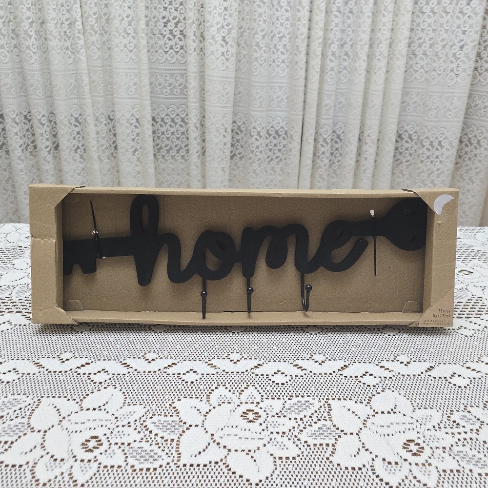 New Black Home Plaque Wall Hook 18.75" Across Word Shaped Like Key with 3 Hooks - Picture 5 of 5